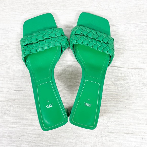 ZARA Kelly Green Open Toe Heels Slides Double Braided Strap 3 Inch Heel Sz UK 40 - Picture 2 of 8